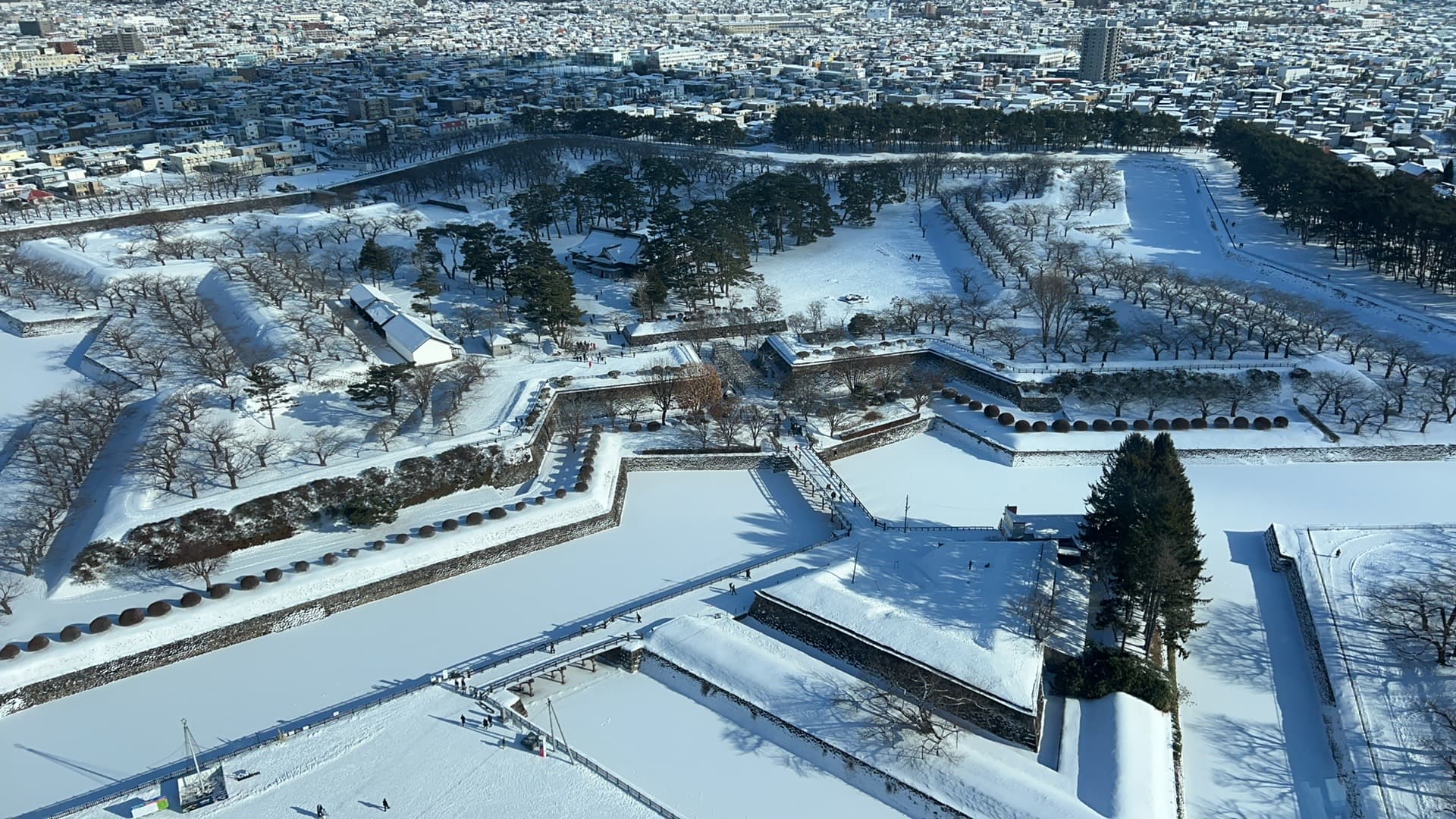 Snow-covered Goryokaku fortress and city from above